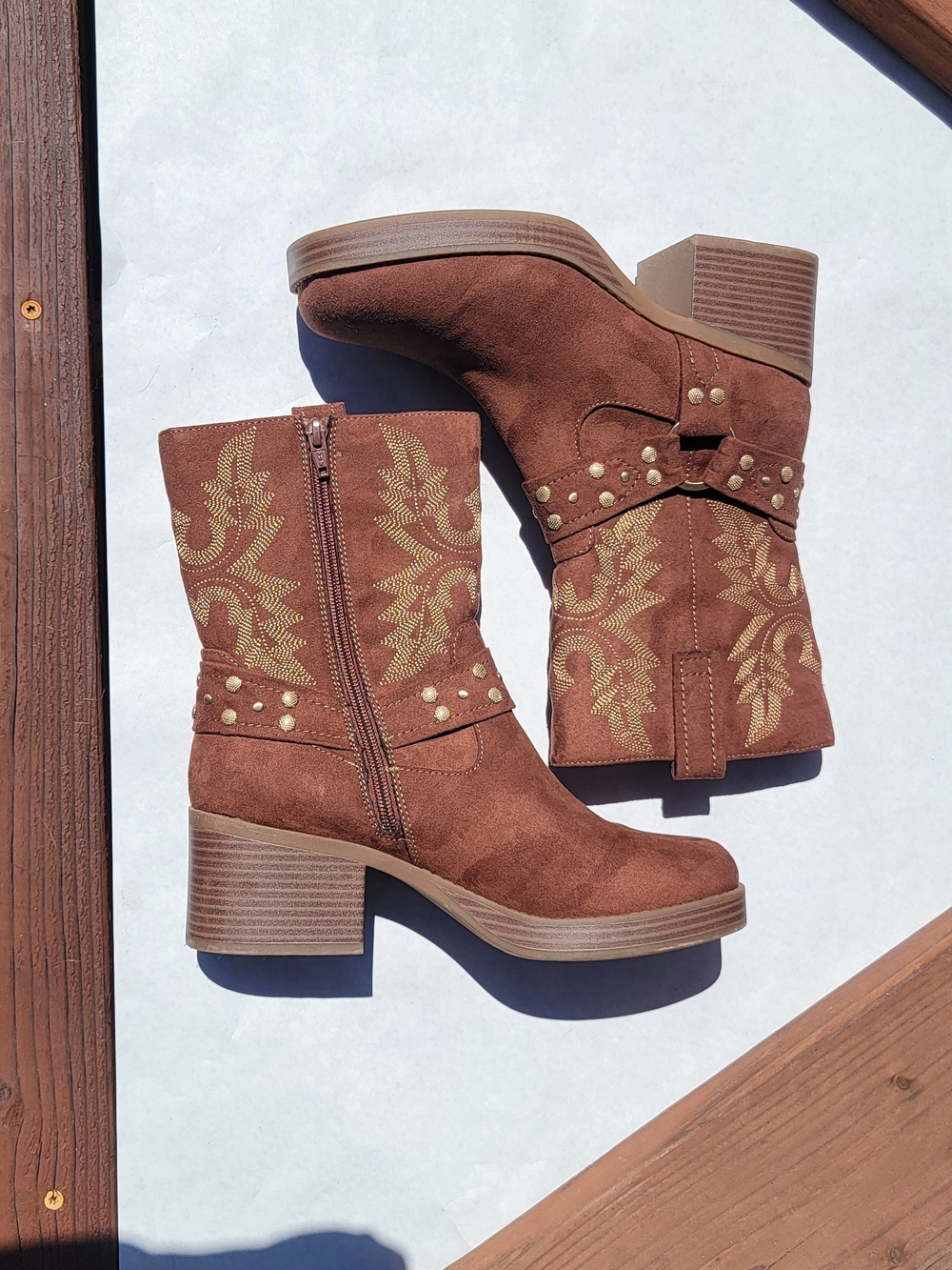 Sun + Stone Rust Brown Suede Studded Western Mid-Calf Boots - Picture 6 of 10